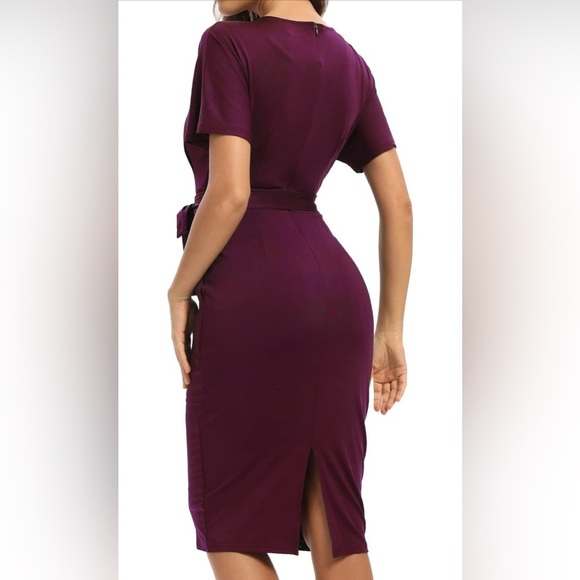 ALLANDWELL Women's Round Neck Short Sleeve Office Wear to Work Bodycon Slim - Picture 3 of 4